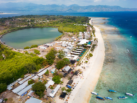 Gili Island, Gili Meno, aerial landscape by drone in Lombok, Bali, Indonesia