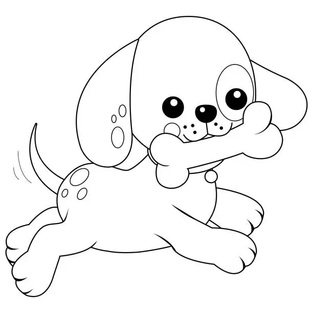 Vector illustration of Dog running with a bone. Vector black and white coloring page.