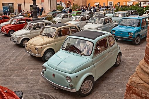 Italian classic cars Fiat 500 parked in the main square during the 24th Meeting auto vintage in November 11, 2018 in Bagnacavallo, RA, Italy