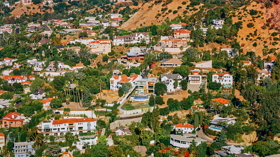 Aerial view of houses and trees on Hollywood Hills, Hollywood, City Of Los Angeles, California, USA.