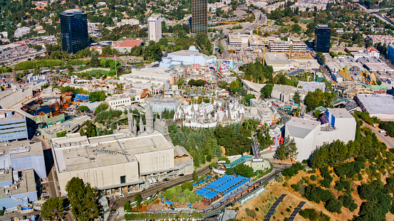 Aerial view of Universal Studios Hollywood amidst city, City Of Los Angeles, California, USA.