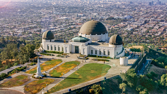 Aerial view of Griffith Observatory against cityscape, Hollywood, City Of Los Angeles, California, USA.