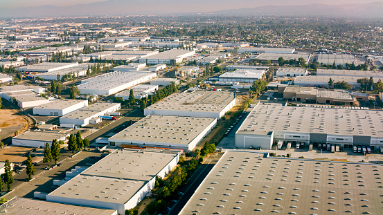 Aerial view of warehouses in City Of Los Angeles, California, USA.