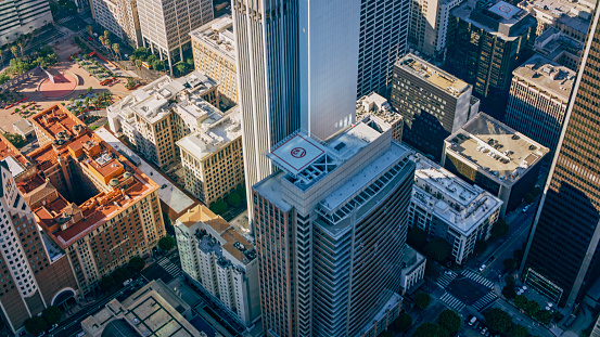 Aerial view of helipad on rooftop of office building in City Of Los Angeles, California, USA.