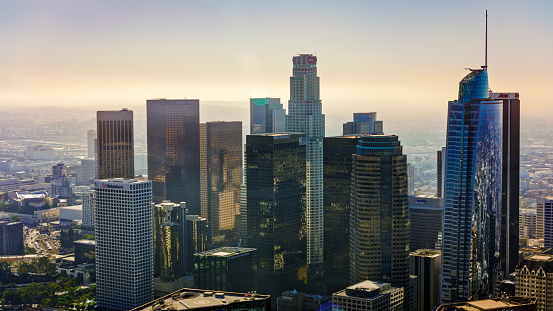 Aerial view of modern office buildings and towers against sky, City Of Los Angeles, California, USA.