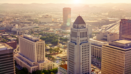Aerial view of Los Angeles City Hall in city, City Of Los Angeles, California, USA.