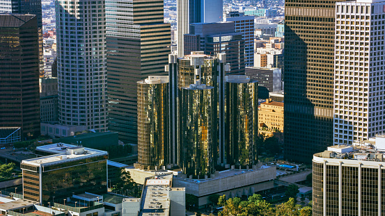 Aerial view of Bonaventure Hotel amidst downtown City Of Los Angeles, California, USA.