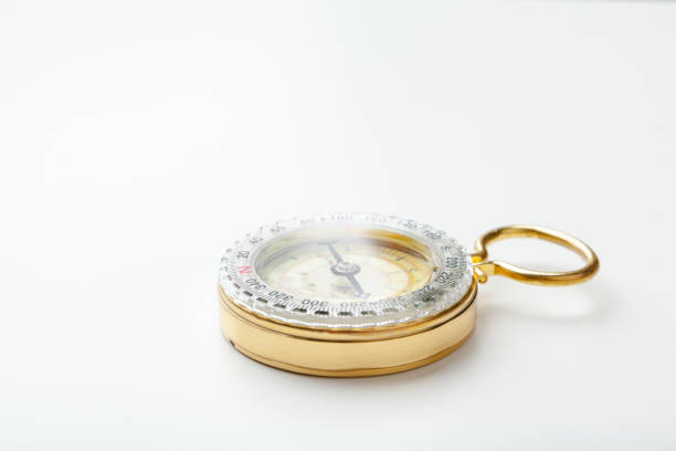 Antique golden compass isolated on white background