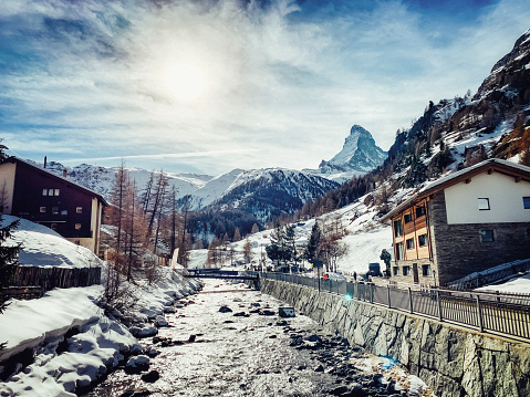 World famous Zermatt town with Matterhorn peak in Mattertal, Valais canton, Switzerland, at dusk in winter. Taken by Sony a7R II, 42 Mpix.