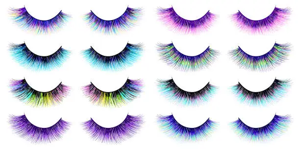 Vector illustration of Lashes set. False eyelashes collection. Trendy colors. Blue. Pink. Purple. Mermaid lashes. Extension. Woman. Female. Beauty. Cosmetic. Make up. Mascara. Beauty products design.