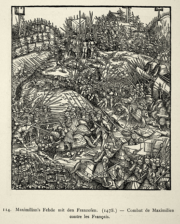 Vintage illustration  German etching, From the Weifskunig, Maximilian I Holy Roman Emperor army fighting a battle against the French, 1478, 15th Century by Hans Burgkmair.