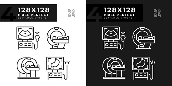 Medical imaging technology pixel perfect linear icons set for dark, light mode. Hospital equipment. Clinical diagnostic. Thin line symbols for night, day theme. Isolated illustrations. Editable stroke