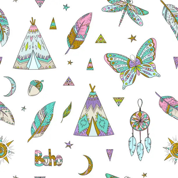 Vector illustration of Boho style pattern. Doodle ethnic background. Tribal. Bohemian style. Folk. Ornaments. Fashion. Fabric design. Zentangle butterfly. Dragonfly. Teepee. Dreamcathcer. Feather.