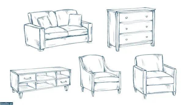 Vector illustration of Furniture sketch. Interior design set. Sofa. Armchair. hest of drawer. Home. Room interior. House decor. Living room. Apartment.