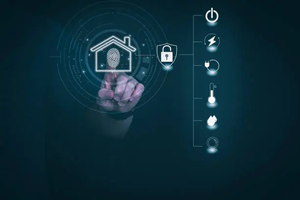 Photo of Man using a smartphone, controlling an intelligent home automation system Futuristic interface on a virtual screen Automation technology of things, concept Data connection with technology internet.