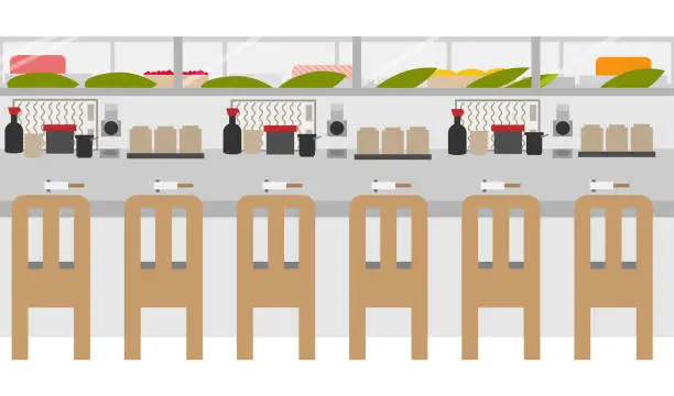 Vector illustration of Counter seats at a sushi restaurant where you can make your own sushi in front of the customers.