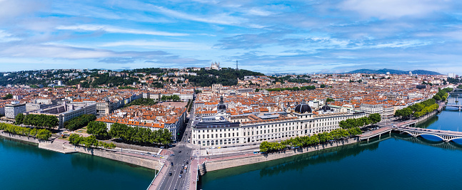 Aerial view of Lyon with Rhone river in France