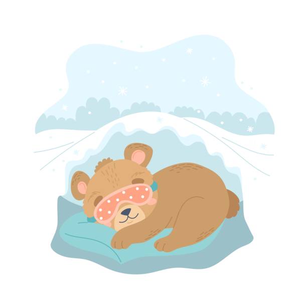 ilustrações, clipart, desenhos animados e ícones de urso dormindo no inverno, personagem bonito com máscara de dormir na caverna. ilustração vetorial sazonal bonito no estilo plano dos desenhos animados - winter cave bear hibernation