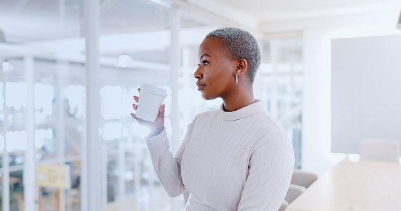 Coffee, relax and black woman drink in office or company workplace. Tea break, thinking and female employee or entrepreneur enjoying a delicious caffeine beverage, cappuccino and free time alone.