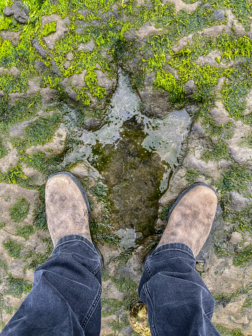 Standing beside Dinosaur footprint in the rock on An Corran beach, by the village of Staffin, on the Isle of Skye in Scotland. The Hadrosaur footprint, dates back about 170 million years during the mid-Jurassic period, when these giant beasts roamed the land. The booted human feet show the scale of the print in comparison.