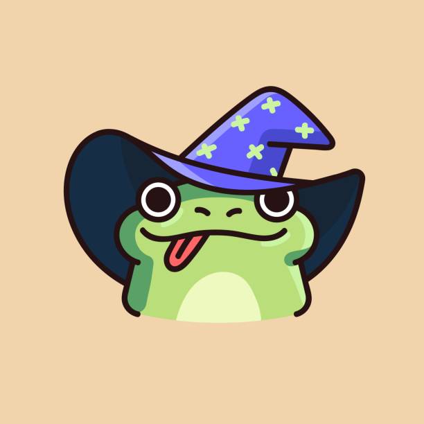 Happy animal face. Cute frog in magic hat show tongue, lovely froggy witch with smile, magical toad grimace. Positive emotion of fairy character, childish sticker. Flat isolated vector illustration Happy animal face. Cute frog in magic hat show tongue, lovely froggy witch with smile, magical toad grimace. Positive emotion of fairy character, childish sticker. Flat isolated vector illustration. wizard head stock illustrations