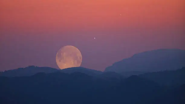 Full Moon, stars, planets and landscape scenery silhouettes.