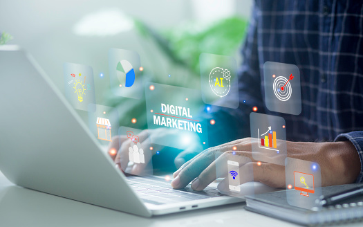 The idea is that online marketing digital channels relies on 'Internet' to communicate and analyze solutions and content developed in global network connection.