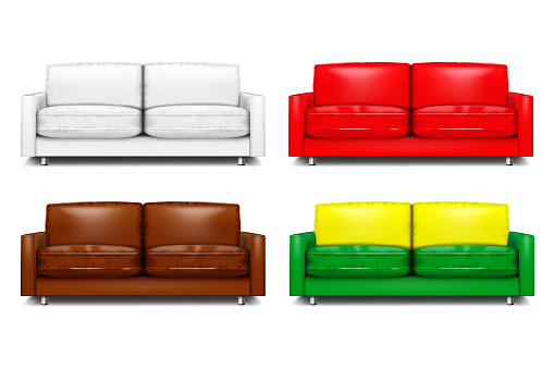 Modern sectional sofa. White and color set. Contemporary couch with metal legs. Settee with cushions. Realistic vector illustration. Easy editable colors