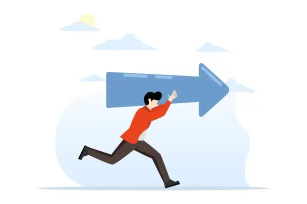 Vector illustration of concept of moving forward for a successful future, business direction, determination or courage, career path or road to success, opportunity, confident businessman walking with arrow direction.