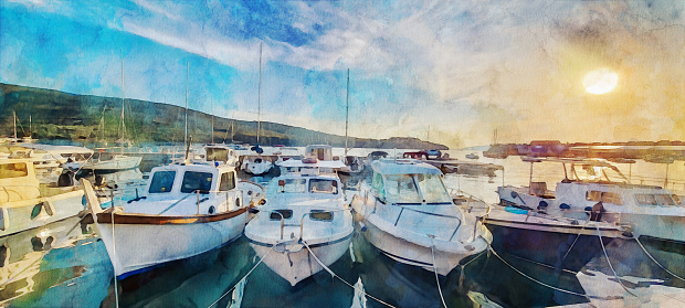 Watercolor effect of a real photo of boats on sunset in a marina on Cres Island, an island in Croatia, Europe on a blue wavy sea and green island in the background. Watercolor effect on a photography.