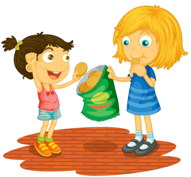 Sharing Children sharing chips short hair girl stock illustrations
