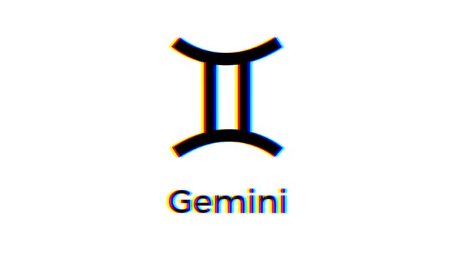 Gemini zodiac sign with glitch effect on white background. Astrological symbol motion graphics