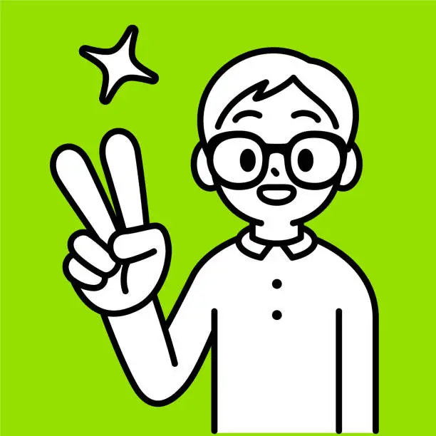 Vector illustration of A studious boy with Horn-rimmed glasses standing upright, showing a V sign hand gesture, looking at the viewer, minimalist style, black and white outline
