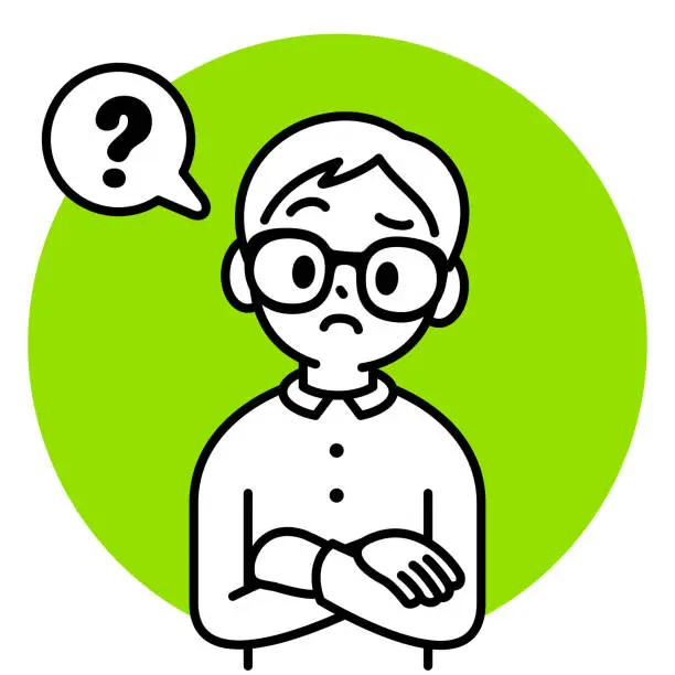 Vector illustration of A studious boy with Horn-rimmed glasses full of doubts with his head cocked and his arms crossed in front of his chest, looking at the viewer, minimalist style, black and white outline