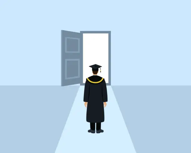 Vector illustration of Rear View Of Man In Graduation Gown Standing In Front Of Opened Door. Business, Choice And Opportunity Concept