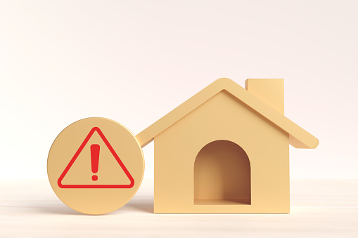 Notification and caution of safety home. Red notification icon and brown house. concept of certification Caution of house structure and safety system