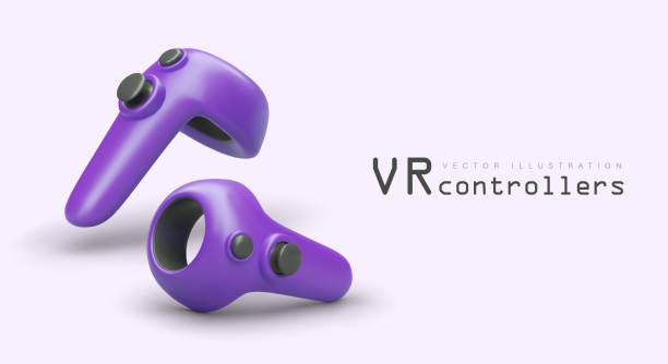 istock Pair of purple virtual reality controllers. Modern game devices, joystick of future 1648137261