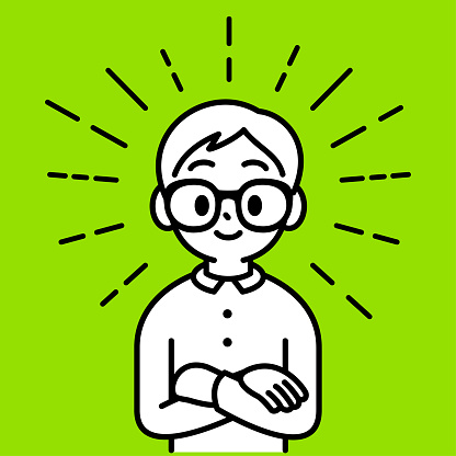 Minimalist Style Characters Designs Vector Art Illustration.
A studious boy with Horn-rimmed glasses full of confidence with his arms crossed in front of his chest, looking at the viewer, minimalist style, black and white outline.