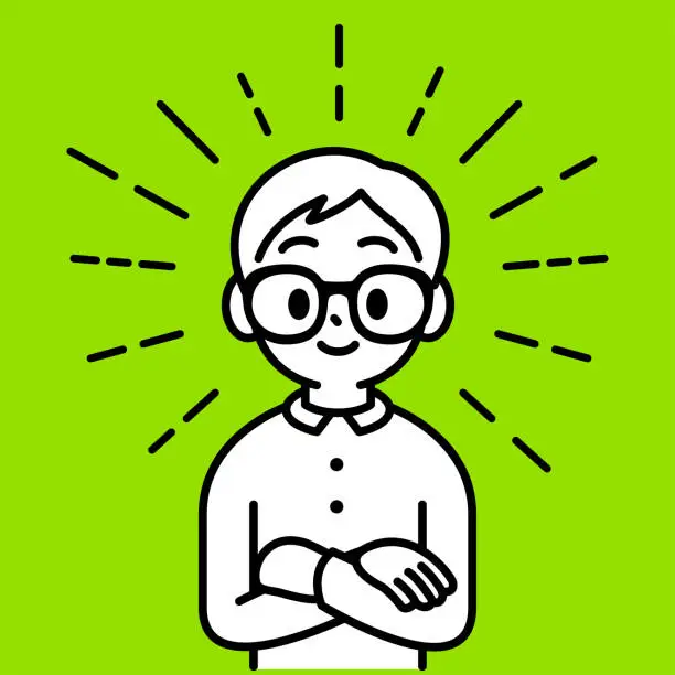 Vector illustration of A studious boy with Horn-rimmed glasses full of confidence with his arms crossed in front of his chest, looking at the viewer, minimalist style, black and white outline