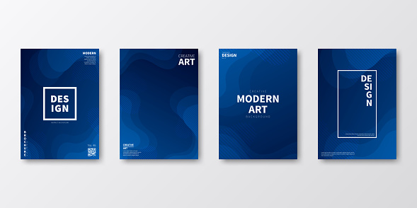 Set of four vertical brochure templates with modern and trendy backgrounds, isolated on blank background. Abstract illustrations with fluid, liquid shapes. Beautiful color gradient (colors used: Blue, Black). Can be used for different designs, such as brochure, cover design, magazine, business annual report, flyer, leaflet, presentations... Template for your own design, with space for your text. The layers are named to facilitate your customization. Vector Illustration (EPS file, well layered and grouped). Easy to edit, manipulate, resize or colorize. Vector and Jpeg file of different sizes.
