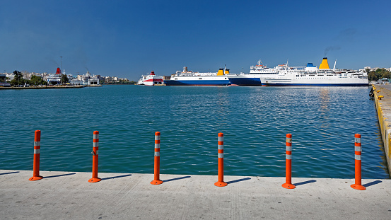 Commercial Port With Ships and Ferrys in Biggest Greek Seaport in Piraeus