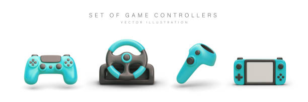 istock Set of blue game controllers. Realistic image of gamepad, console, steering wheel 1648139996