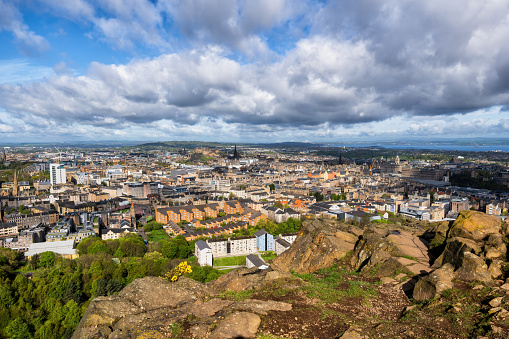 City of Edinburgh from top of a cliff in Scotland, UK.