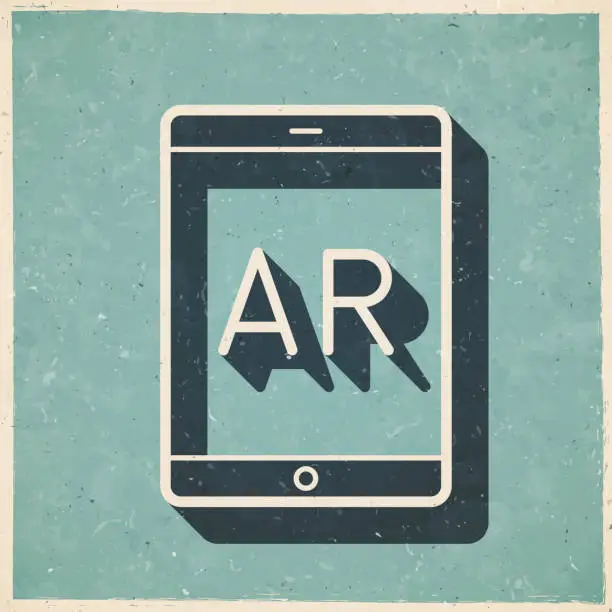 Vector illustration of AR Augmented reality on tablet PC. Icon in retro vintage style - Old textured paper