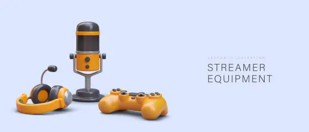 Vector illustration of Streamer equipment. New vlogger accessories. Realistic headphones, professional microphone, gamepad