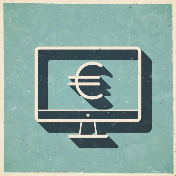 Vector illustration of Desktop computer with Euro sign. Icon in retro vintage style - Old textured paper