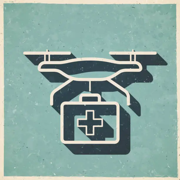 Vector illustration of Medical drone with first aid kit. Icon in retro vintage style - Old textured paper