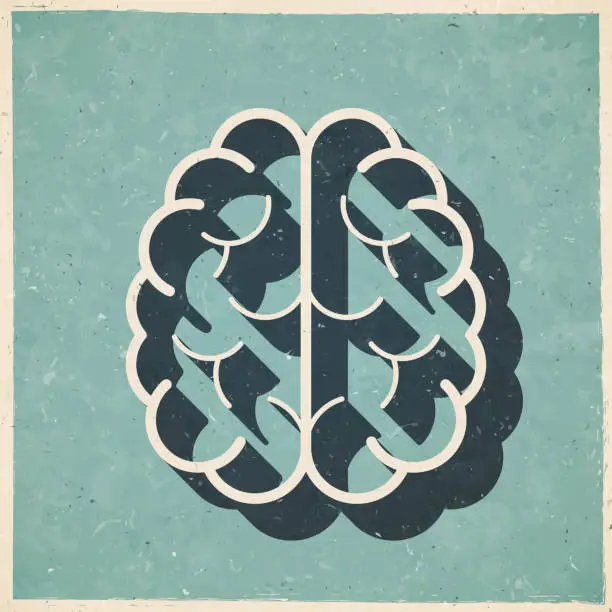 Vector illustration of Brain in top view. Icon in retro vintage style - Old textured paper