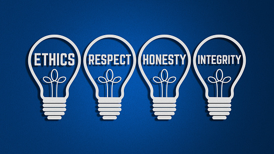 ETHICS, RESPECT, HONESTY and INTEGRITY Light Bulbs Concept