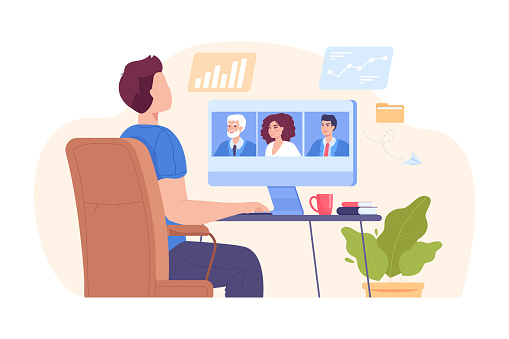 Man on video call with coworkers vector illustration. Employees discussing work on virtual conference platform, working in team at distance. Online meeting space, business, communication concept